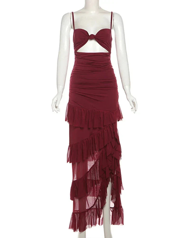 Ruffle Stacked Pleated Long Dress