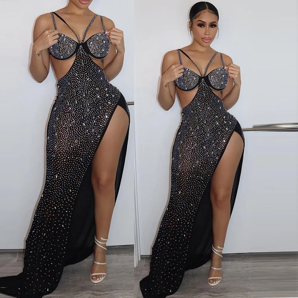 Rhinestone Embellished Sheer Mesh Cut Out High Split Maxi Dress