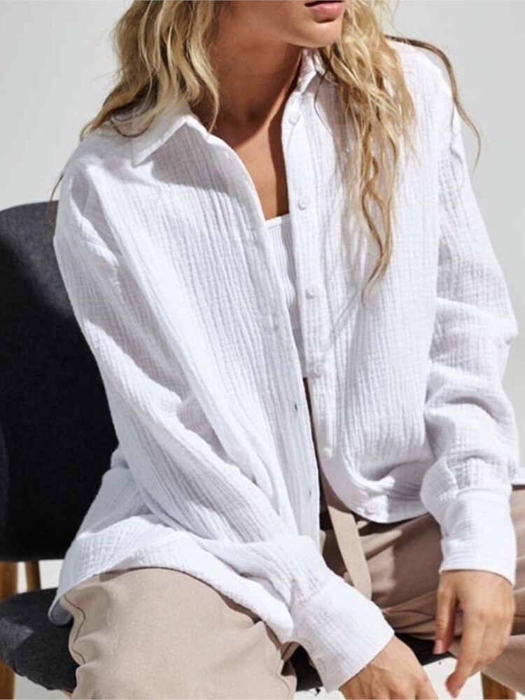 Textured Gauze Collared Button Up Long Sleeve Oversized Shirt
