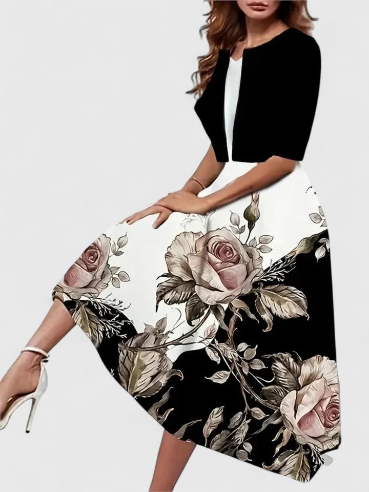 V-Neck Floral Print Fit and Flare Midi Dress