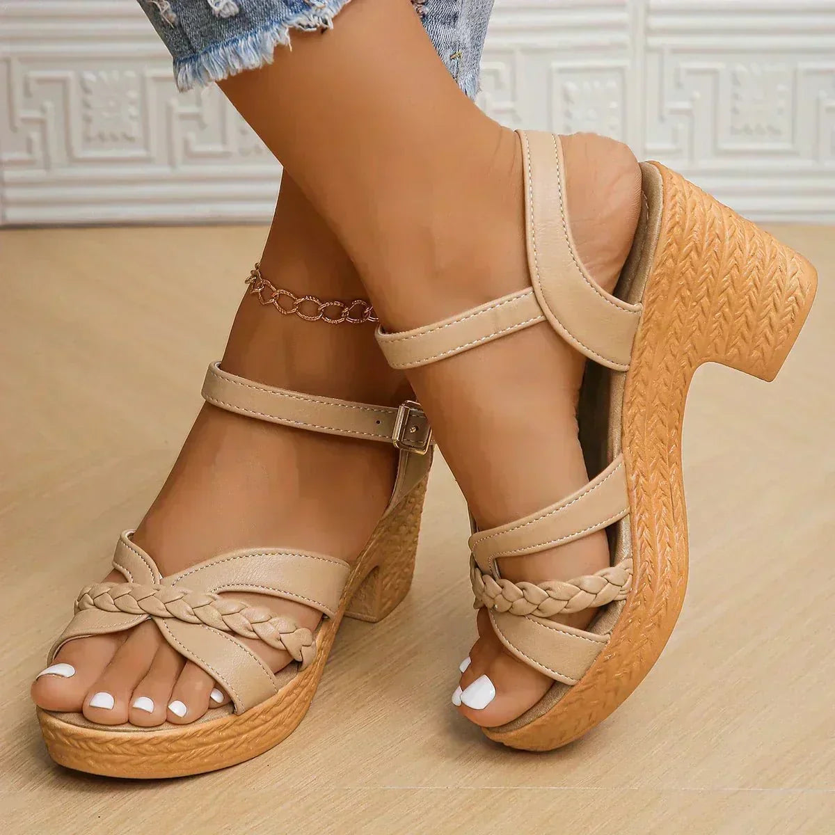 Open Toe Braided Strap Ankle Strap Block Heel Sandals