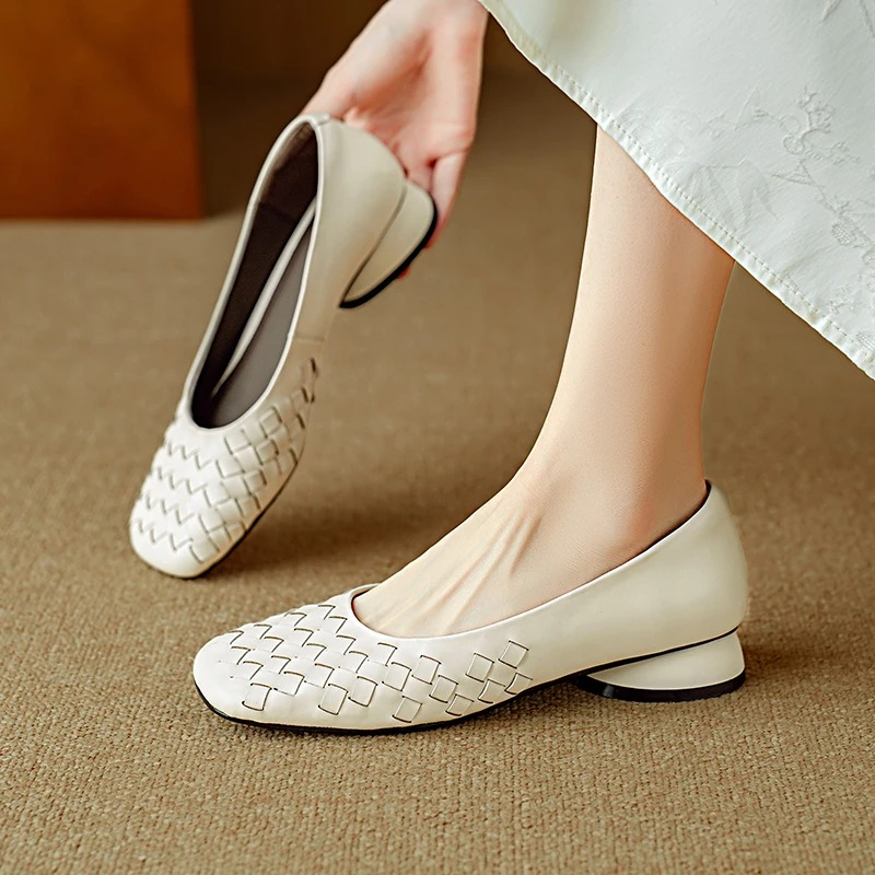 Woven Square Toe Low Heel Ballet Flats