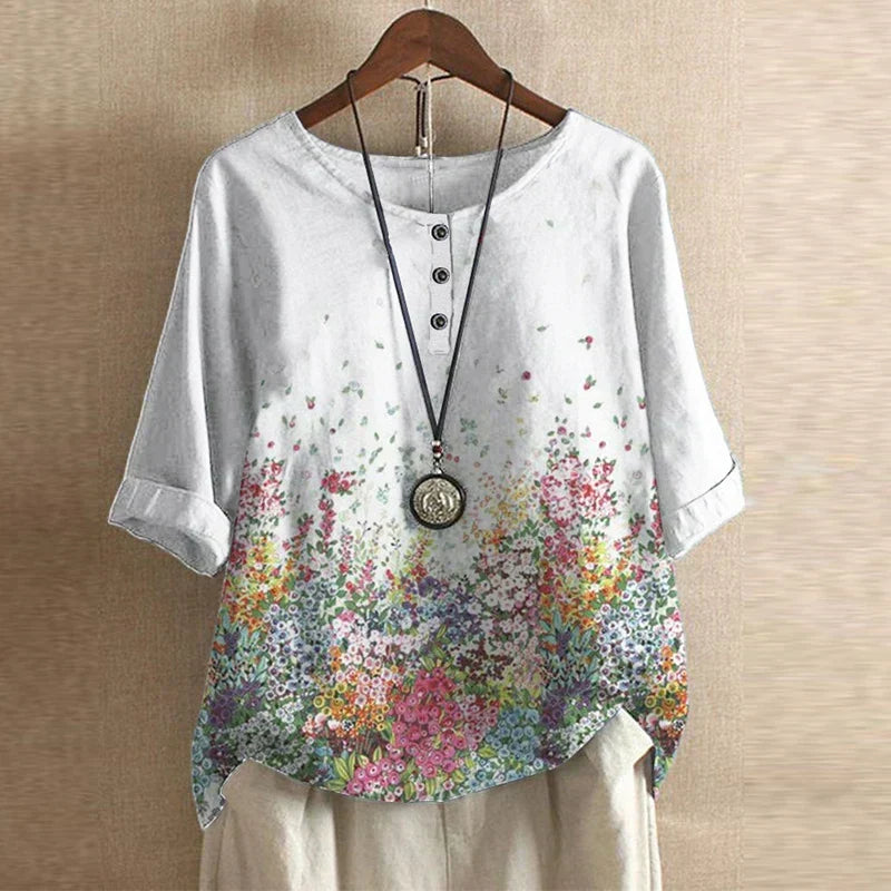 Round Neck Half Sleeve Floral Button Blouse