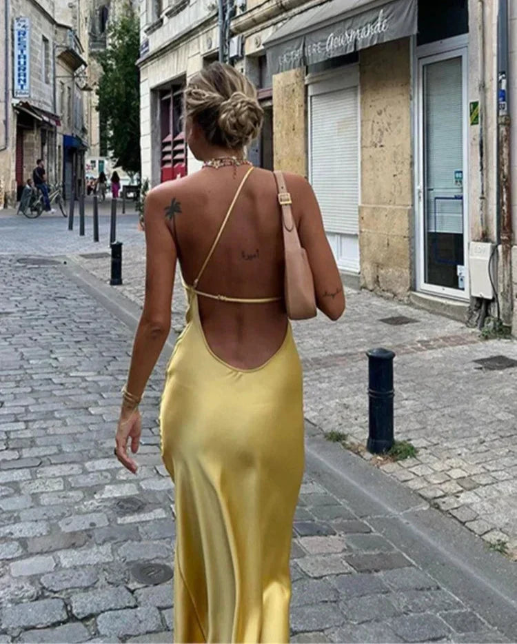 Satin Backless Asymmetric Strap Low Back Slip Maxi Dress 15