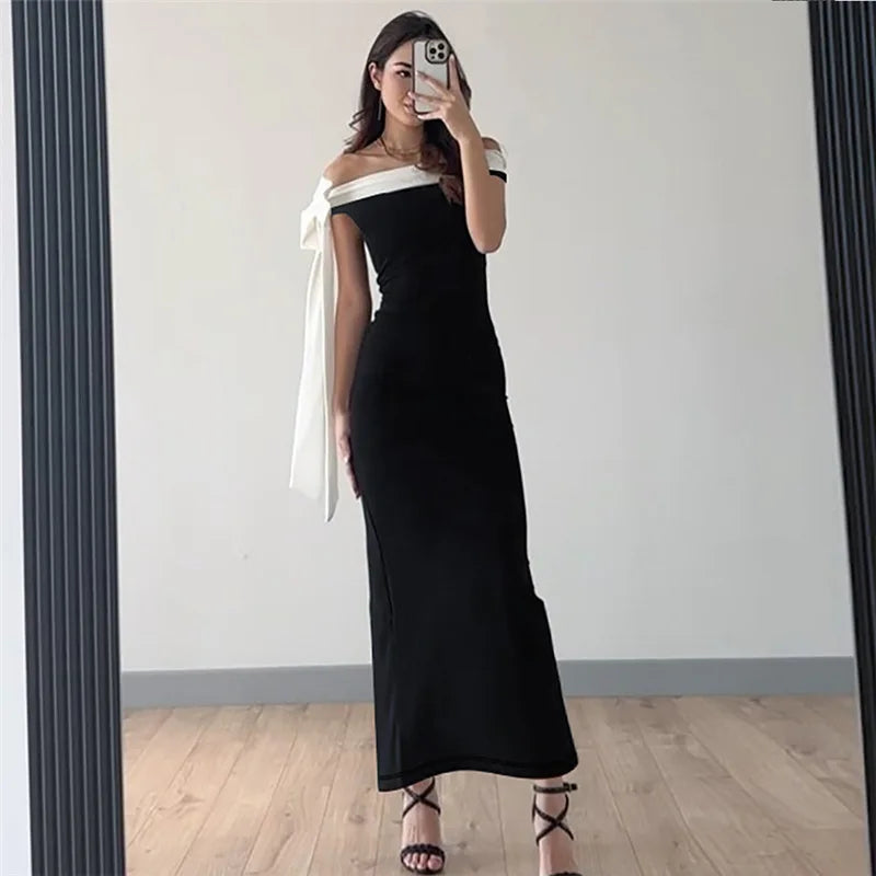 Contrast Trim Off Shoulder Bow Sash Bodycon Midi Dress 12