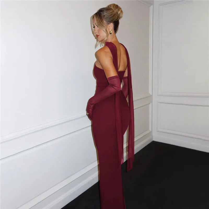 Mesh Sleeve Off - shoulder Long Dress