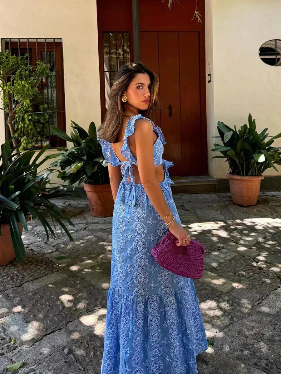 Blue Hollow Out Embroidered Midi Dress Women Summer V Neck Sleeveless Ruffle Long Dresses Elegant Fashion Holiday Vestidos