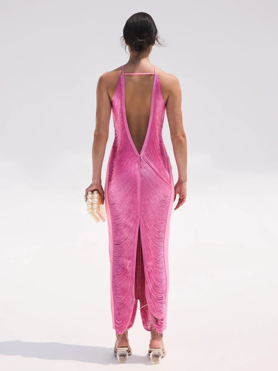 CELEB FUR IRREGULAR MAXI DRESS-PINK