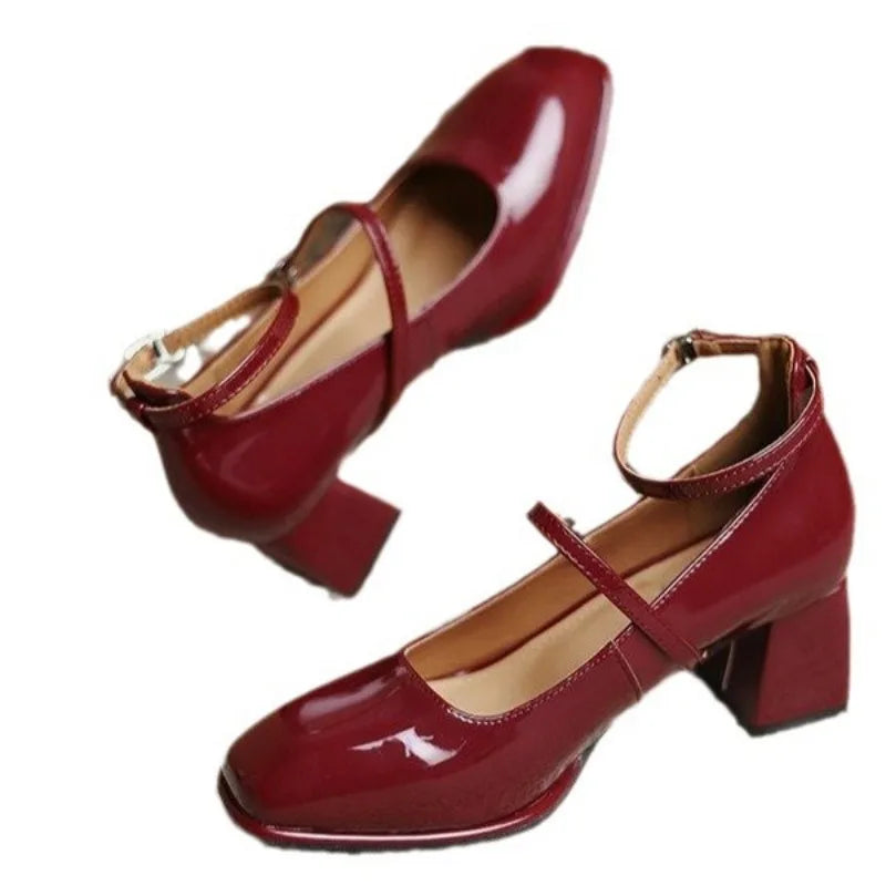 Square Toe Ankle Strap Block Heel Mary Jane Pumps