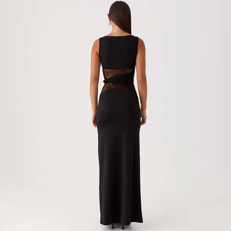 Asymmetric Neck Cap Sleeve Lace Waist Panel Bodycon Maxi Dress 24