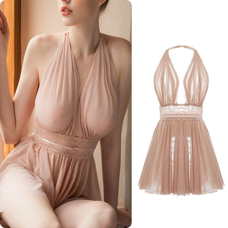 Mesh Halter Deep V-Neck Lace Trim Mini Dress 20