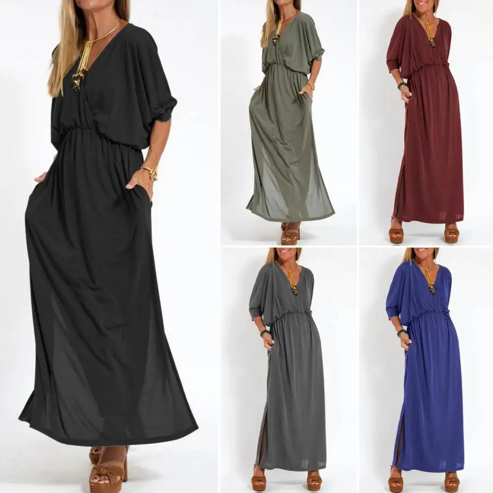 V-Neck Batwing Sleeve Elastic Waist Pocket Maxi Dress
