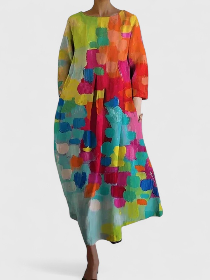 Floral Round Neck Pleated Pocket Maxi Dress