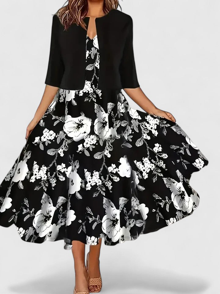 V-Neck Floral Print Fit and Flare Midi Dress