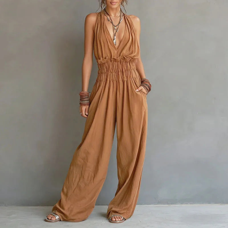 Halter Deep V-Neck Smocked Waist Wide Leg Jumpsuit