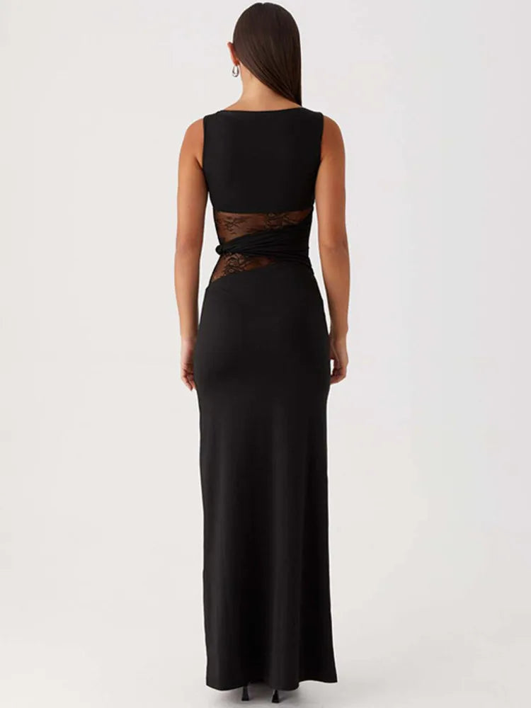 Asymmetric Neck Cap Sleeve Lace Waist Panel Bodycon Maxi Dress 11