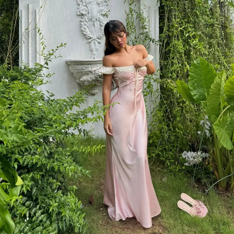 Satin Off Shoulder Lace Up Front Contrast Trim Maxi Dress 6