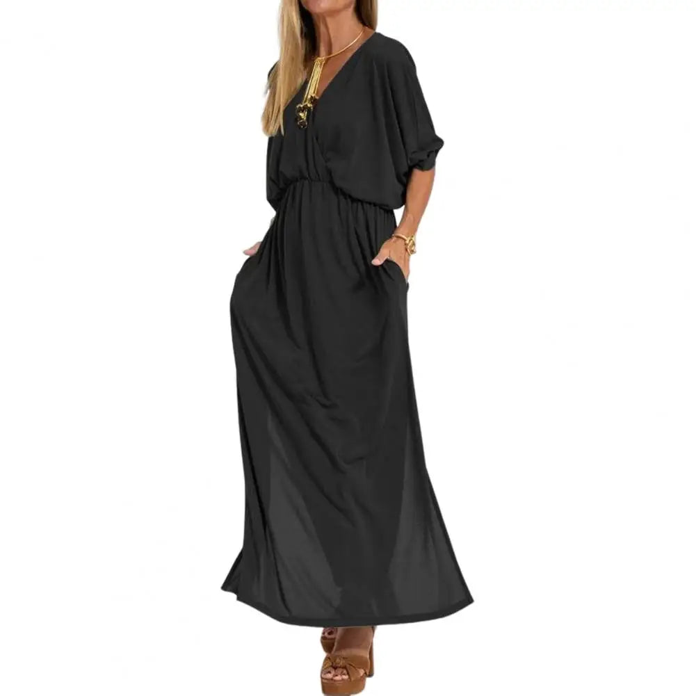 V-Neck Batwing Sleeve Elastic Waist Pocket Maxi Dress