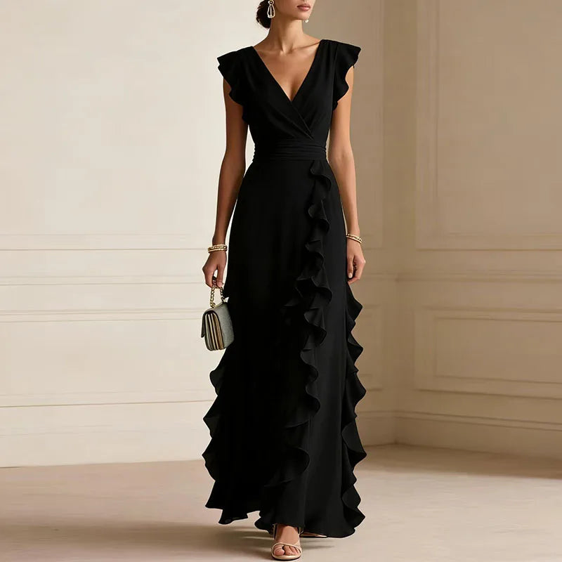 Chiffon Deep V-Neck Ruffle Cascade A-Line Maxi Gown 5