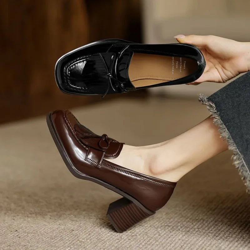 Square Toe Tassel Block Heel Loafer Pumps