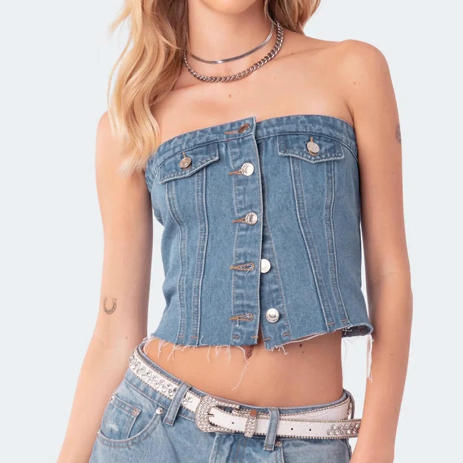 Button Down Jean Corset Strapless