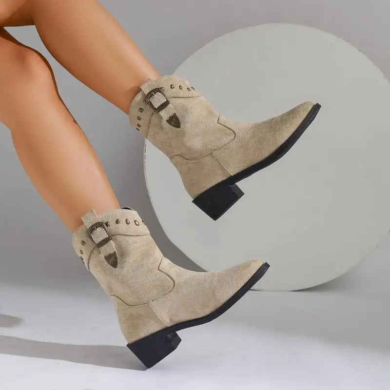Suede Look Studded Buckle Western Block Heel Ankle Boots