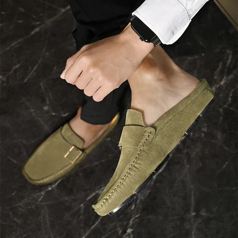 Suede-Look Buckle Backless Loafer Mules