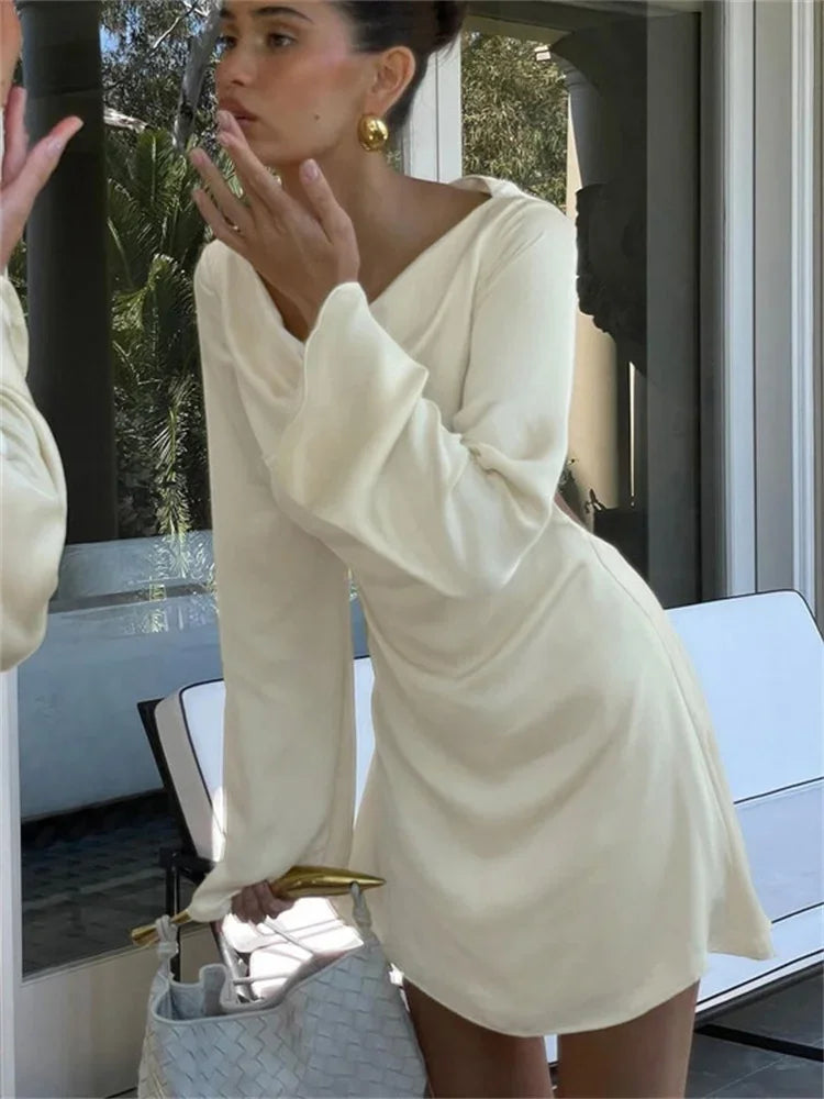 Satin Cowl Neck Long Flare Sleeve Party Mini Dress 2