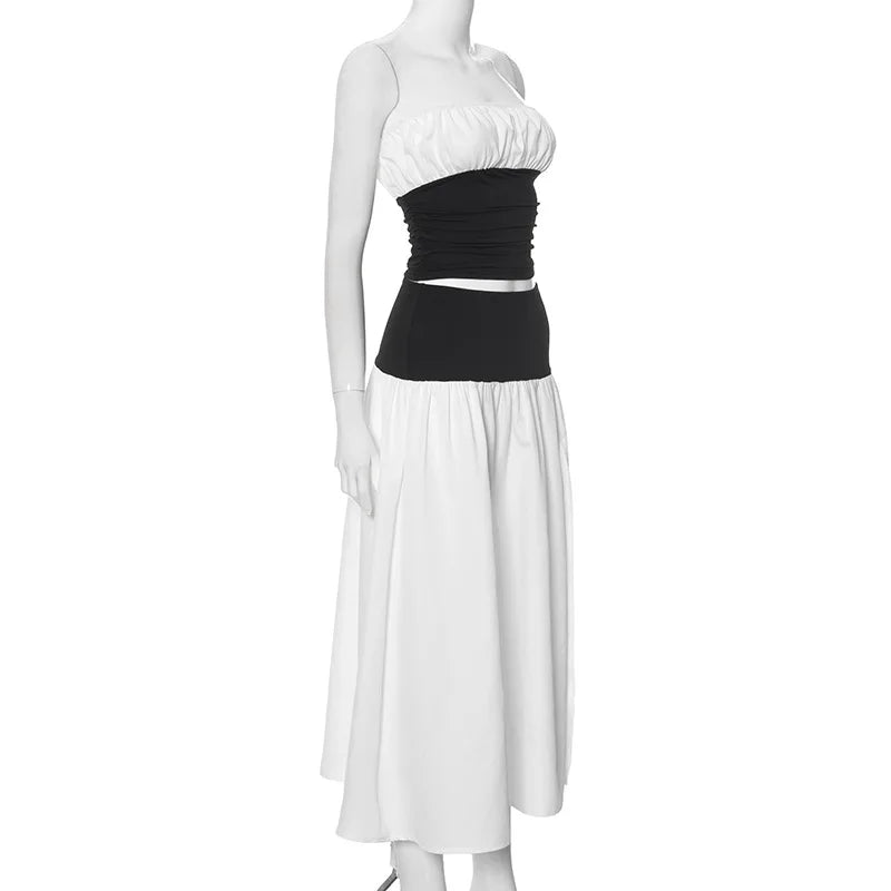 Black And White Patchwork Tube Trendy Top And Slit Long Skirt Set