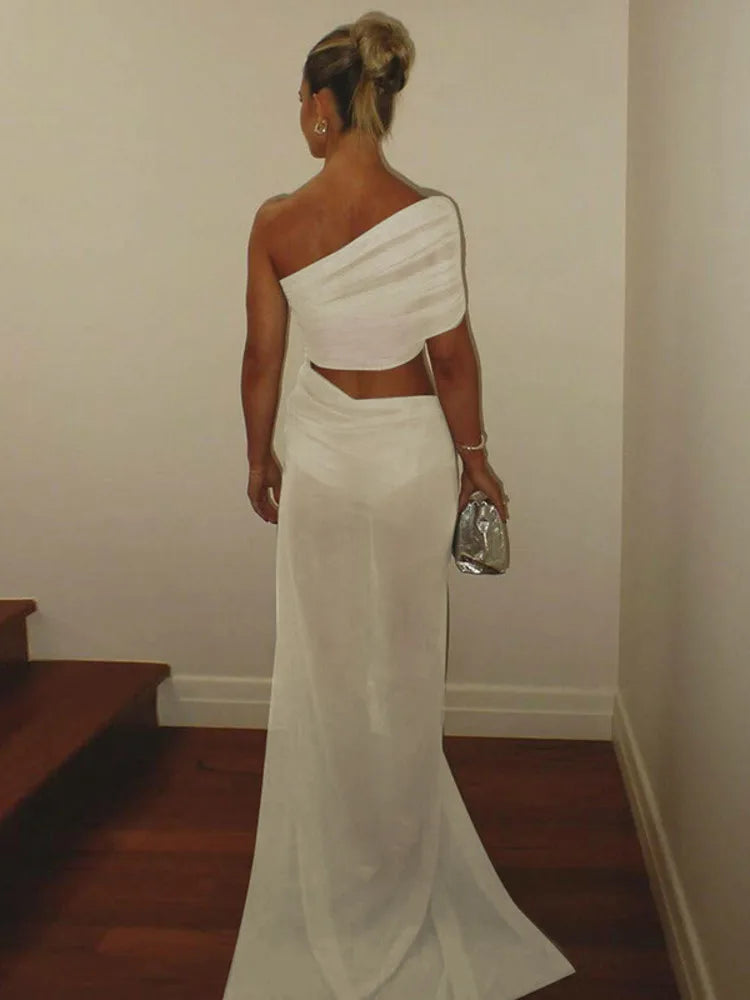 One Shoulder Ruched Mesh Cut Out High Split Maxi Dress 2