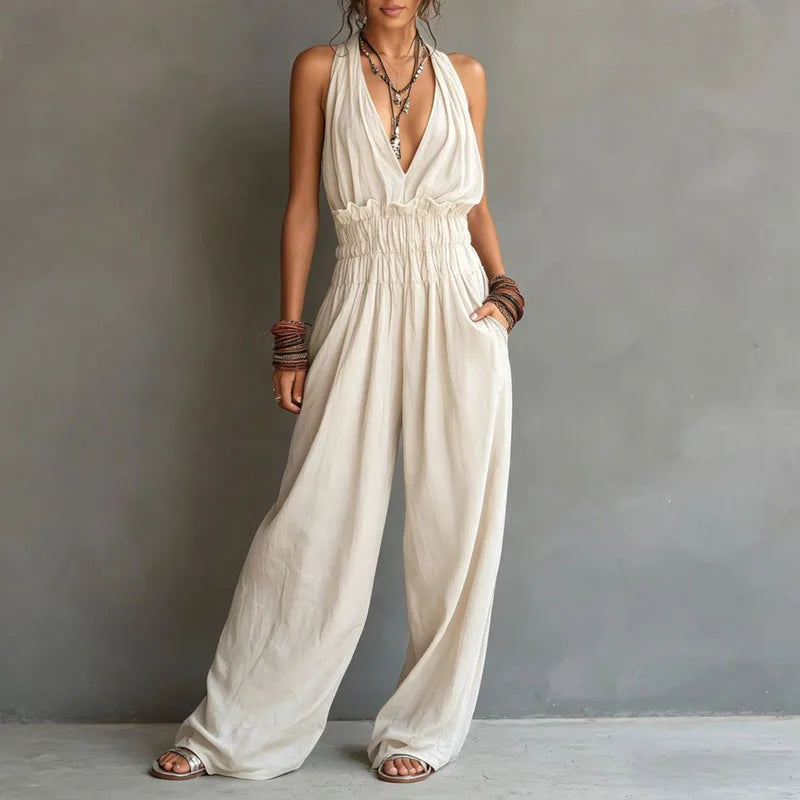 Halter Deep V-Neck Smocked Waist Wide Leg Jumpsuit