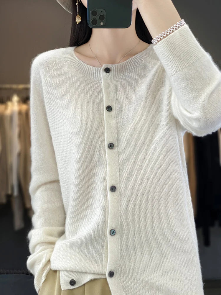 Crew Neck Button Front Long Sleeve Knit Cardigan