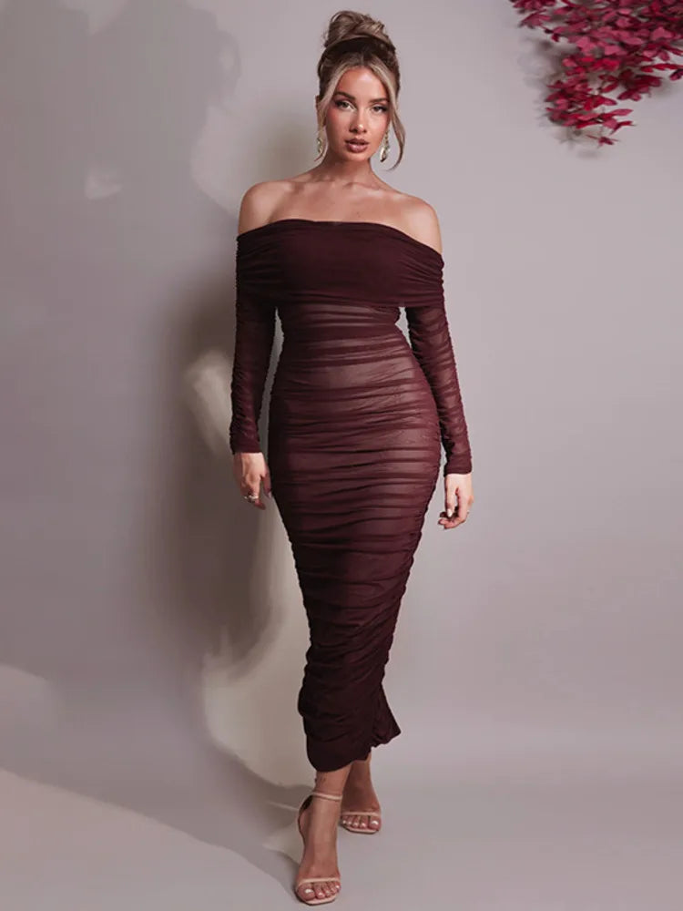 Off - shoulder Slash Neck Solid Maxi Dress