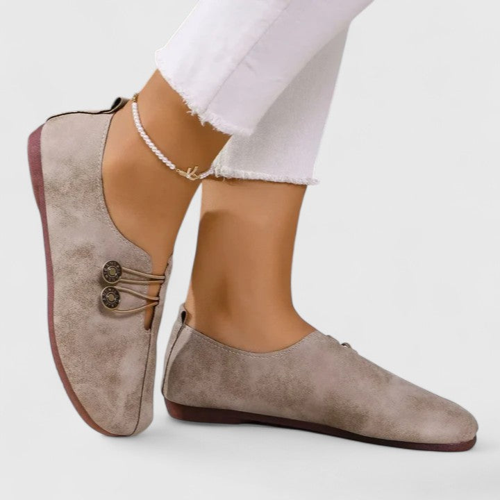 Round Toe Button Slip On Suede Look Flats