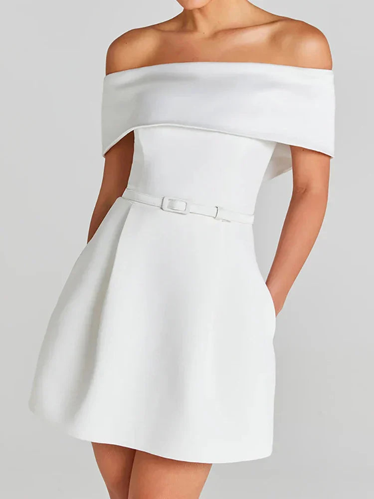 Belt Patchwork Short Sleeve Off The Shoulder Dress