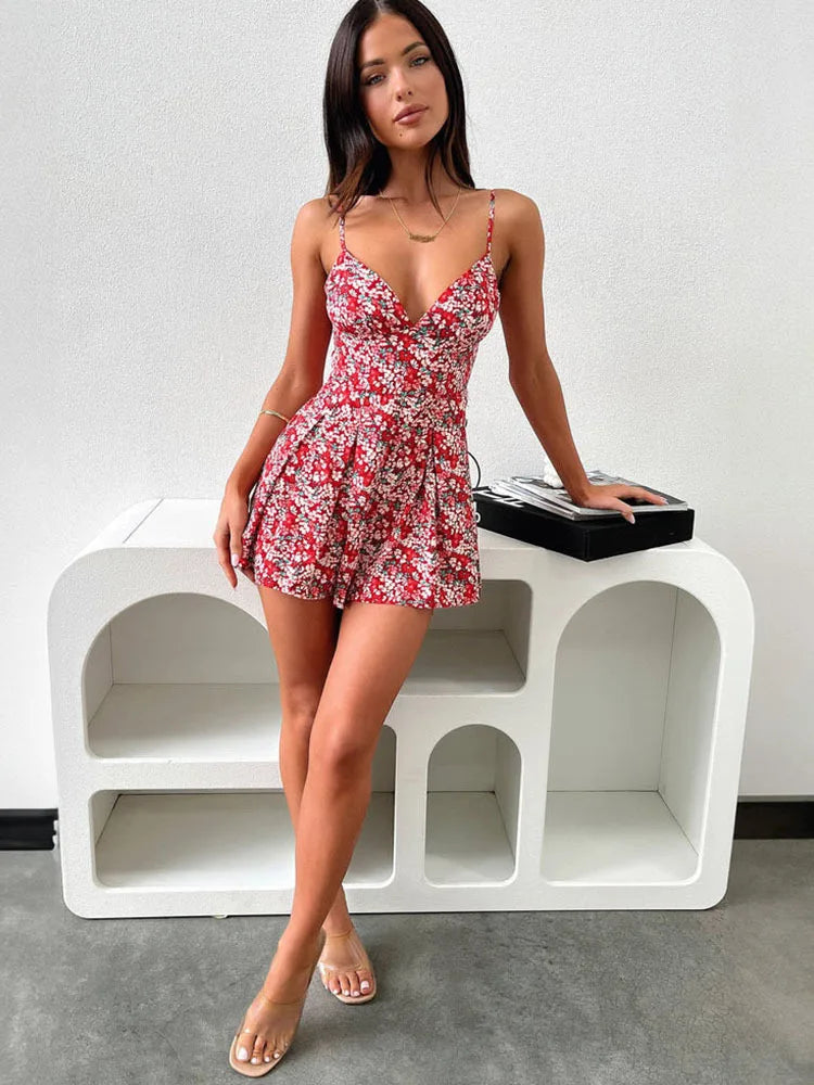 Deep V Backless Mini Floral Dress