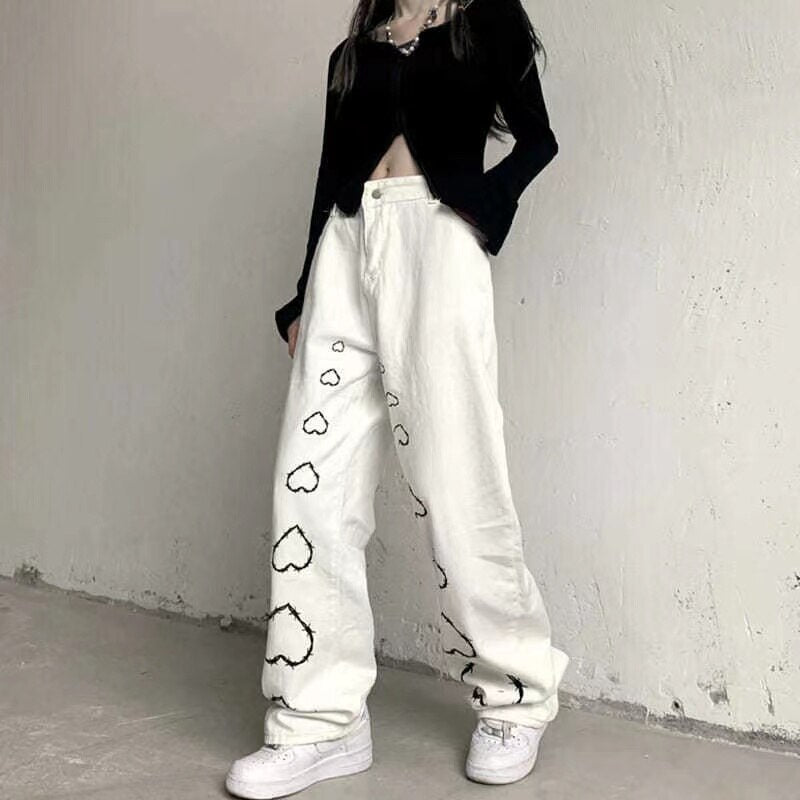 Mojoyce High Street Hot Girl Vintage Heart Print High Waist Straight Goth  Baggy Jeans Woman Y2K Clothes Wide Leg Denim Pants