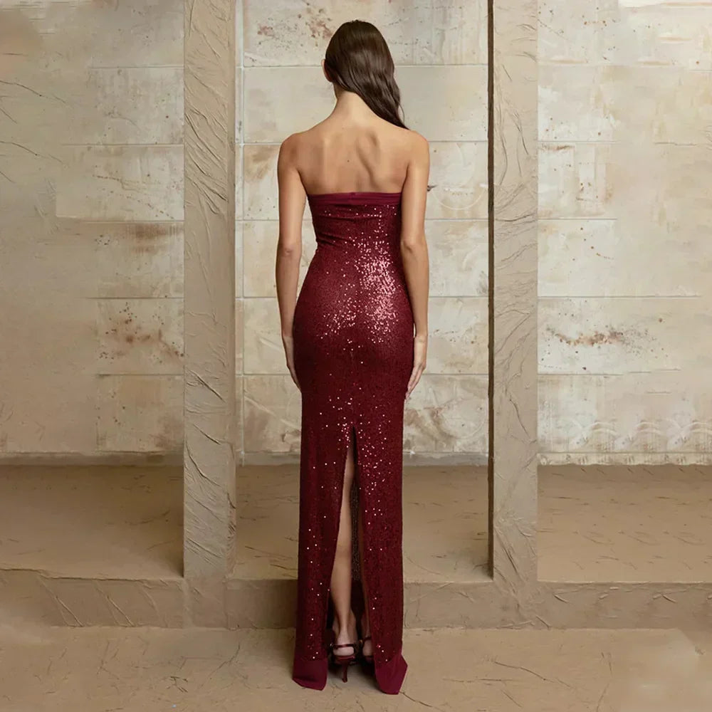 Sequin Strapless Bodycon Maxi Dress with Chiffon Hood Scarf 6