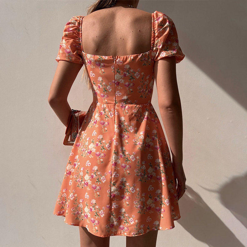 Floral Print Sweetheart Neck Puff Sleeve Button Front Split Mini Dress 4