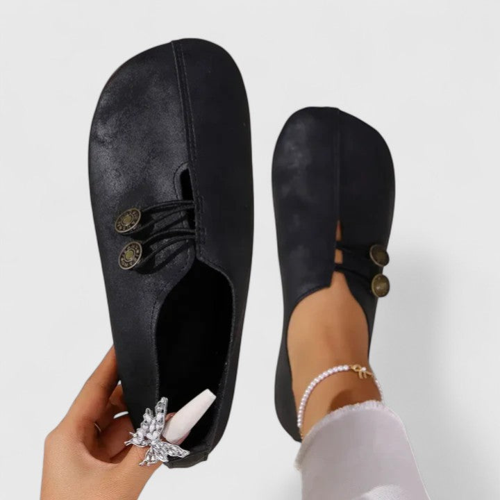 Round Toe Button Slip On Suede Look Flats
