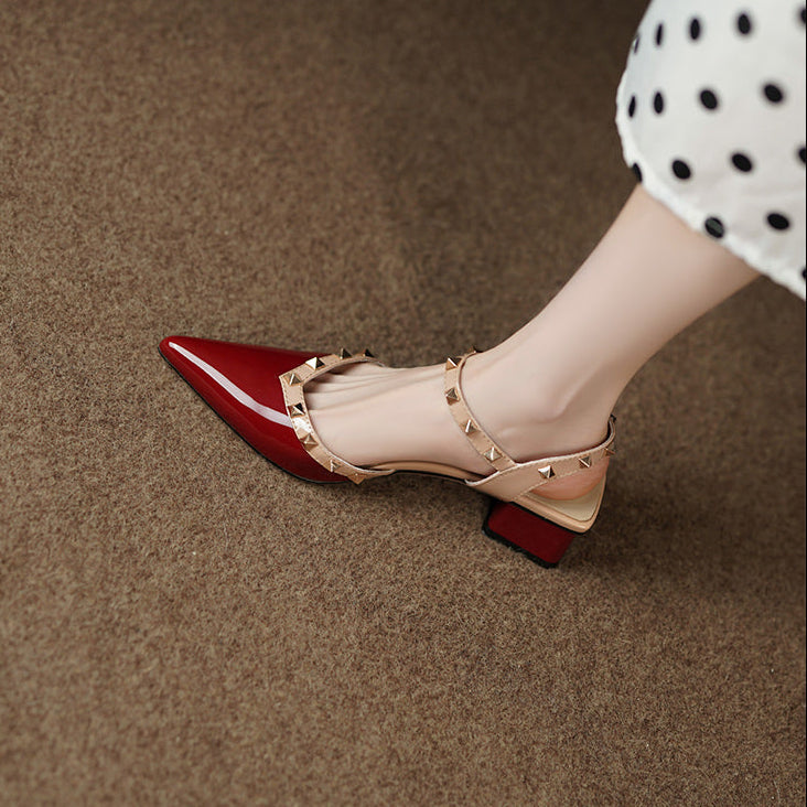 Pointed Toe Studded Slingback Block Heel Pumps