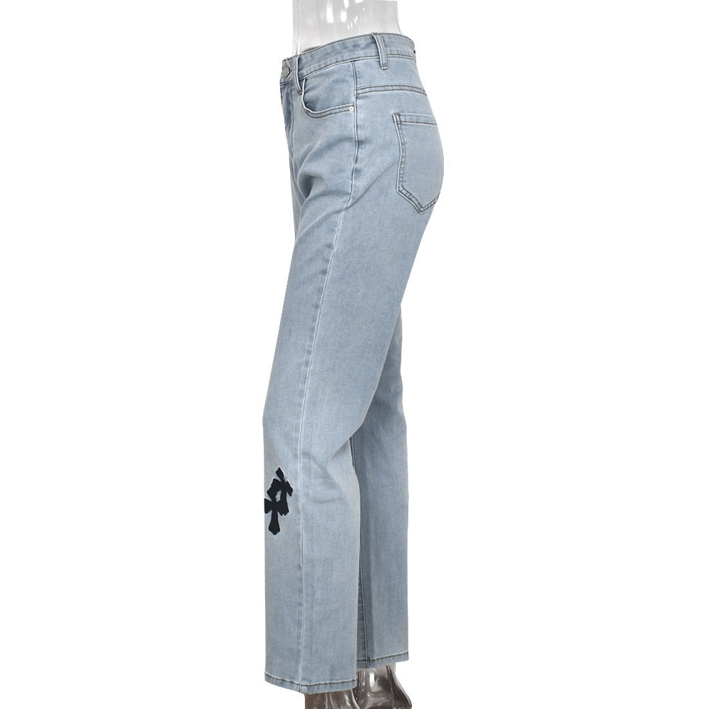 Women Low Waist Vintage Straight Denim Trousers Cyber Y2k Goth Pants Fashion Mom Jeans