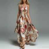 Tropical Print Halter Neck Deep V-Neck Backless Maxi Dress 2