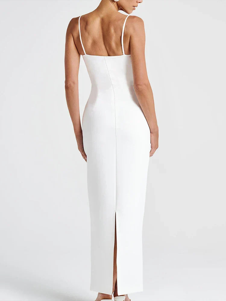 Pearl Trim Square Neck Wide Strap Bodycon Midi Dress