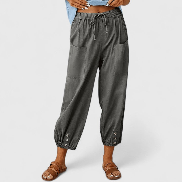 High Waist Drawstring Button Hem Cropped Pants