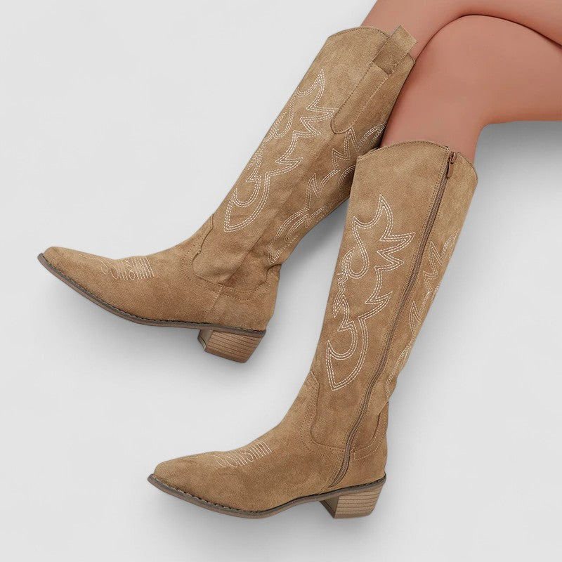 Embroidered Pointed Toe Western Knee High Boots