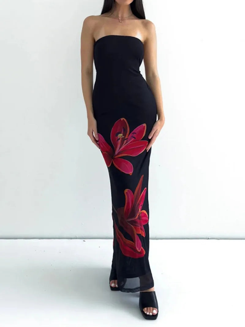 Strapless Floral Print Bodycon Maxi Dress 13