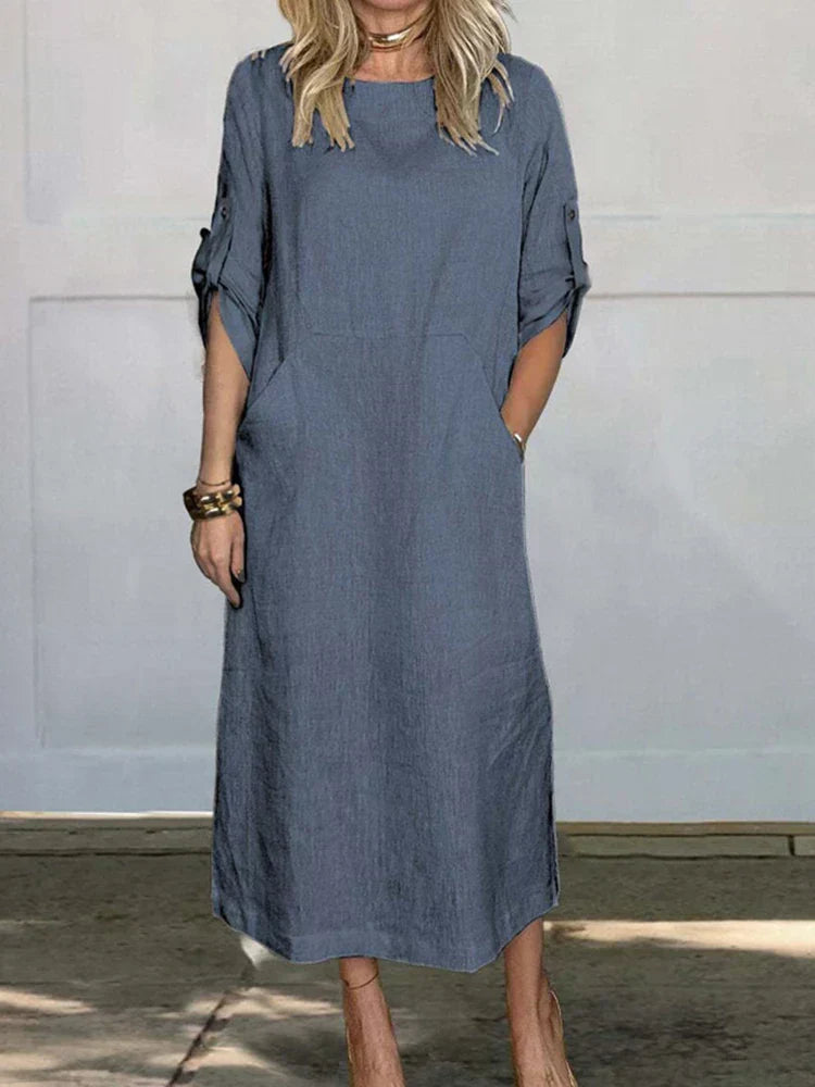 Crew Neck Short Sleeve Rolled Tab Pocket Shift Midi Summer Dress