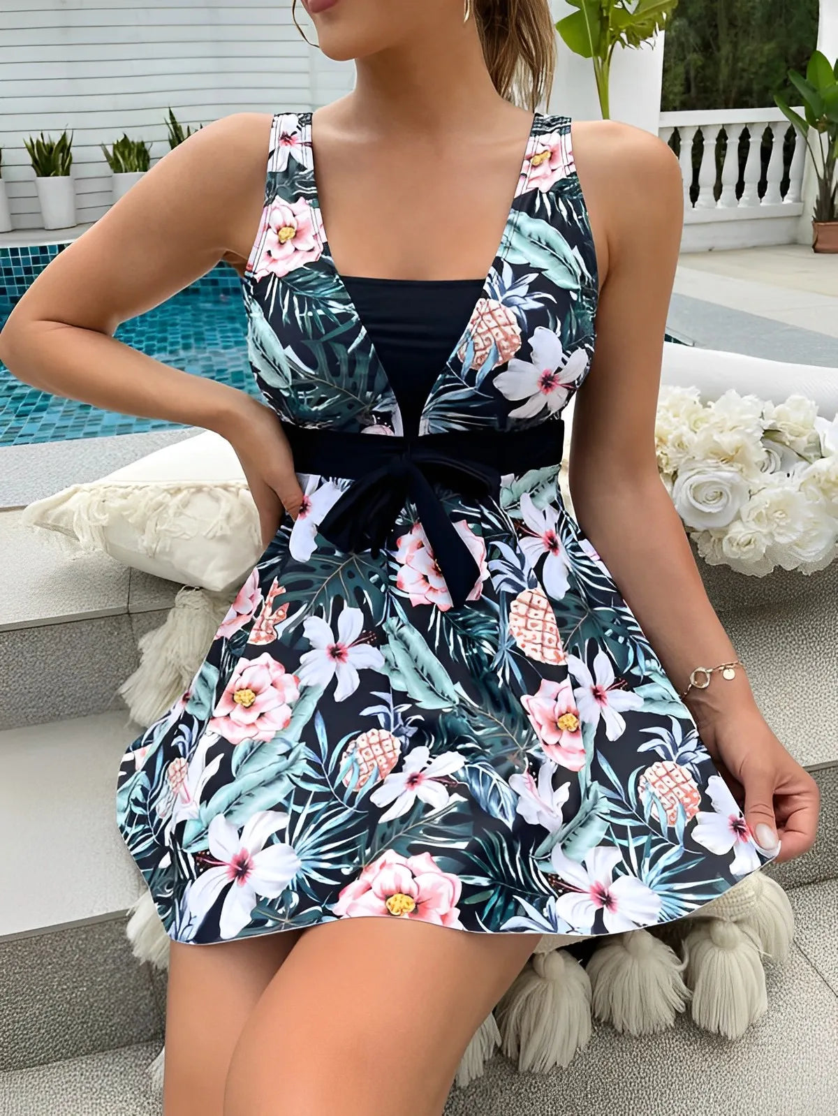 Floral Print Tie Waist Skirted One Piece Swimsuit