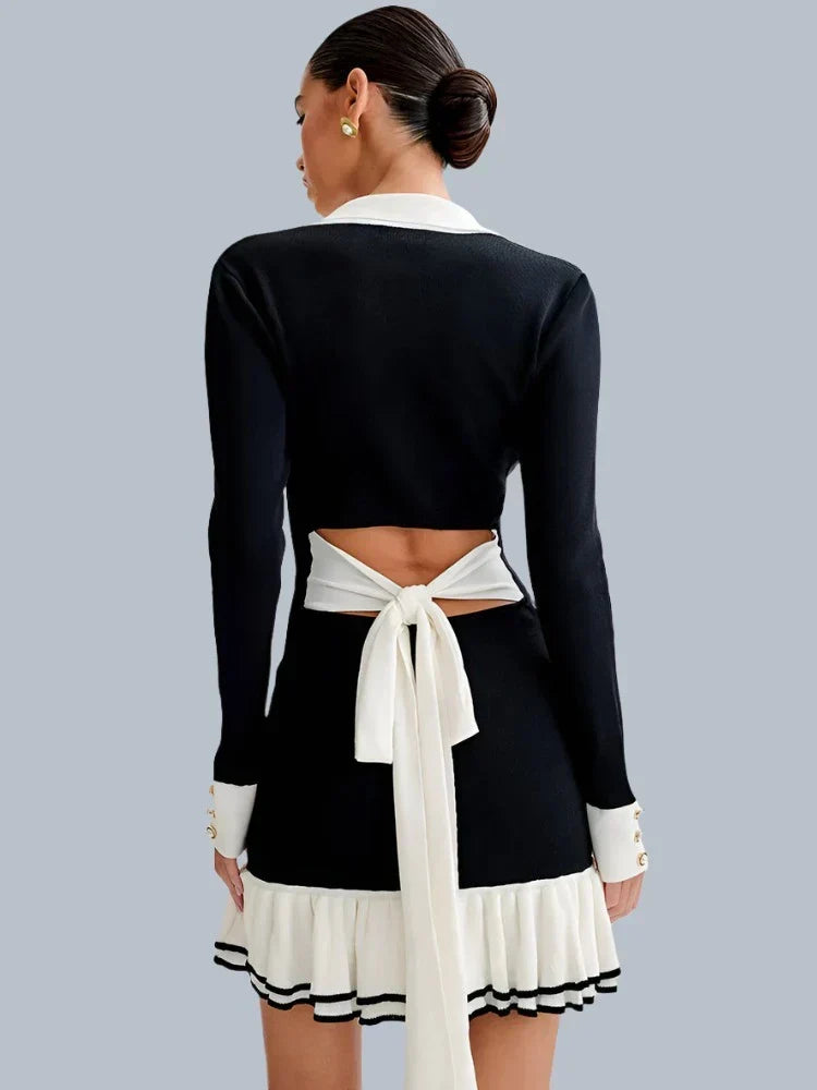 Contrast Collar Button Front Long Sleeve Ruffle Hem Knit Mini Dress 3